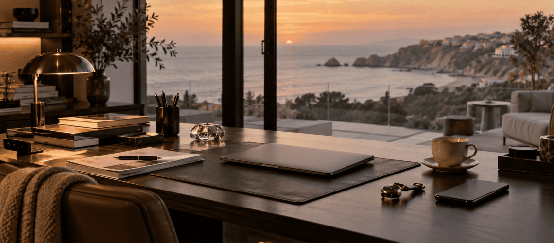 Luxury home office overlooking the Algarve coast at sunset, with a closed laptop, coffee, phone and neatly arranged documents