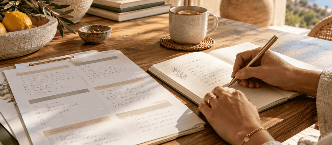 Person writing in a wellness journal beside a personalised care plan on a sunlit table