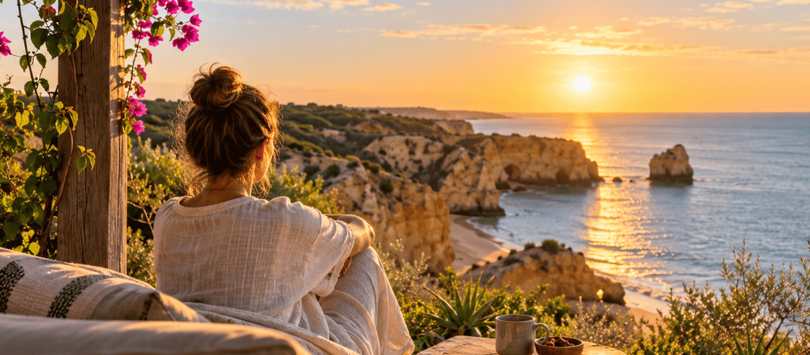 A woman sits quietly overlooking the Algarve coastline at sunset, surrounded by vibrant bougainvillea and Mediterranean greenery.