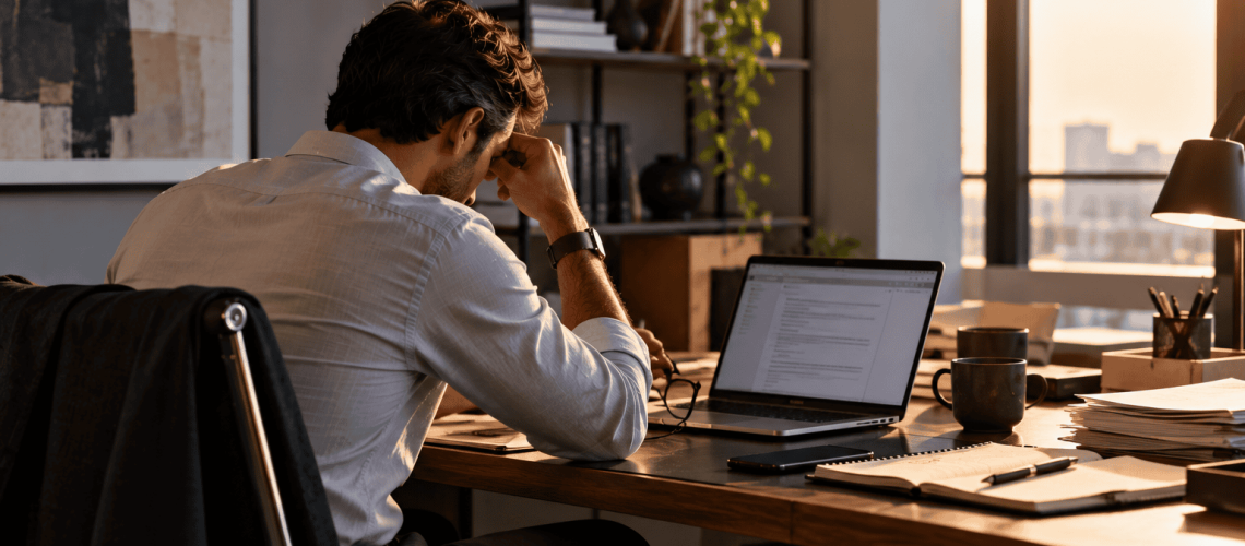 A tired professional sits alone at his office desk, leaning forward beside an open laptop, paperwork and coffee in warm early-morning light